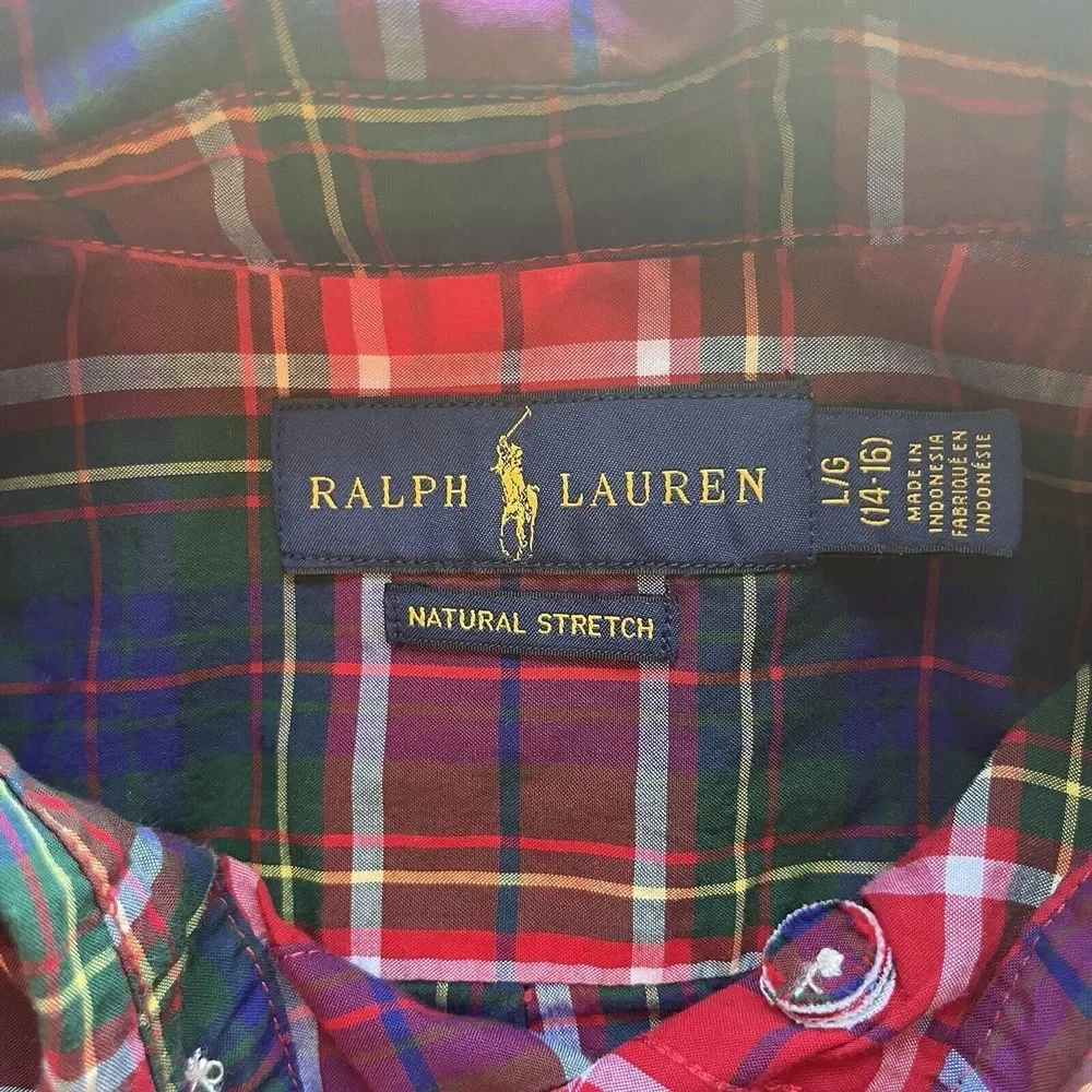 Ralph Lauren Red Green Purple Christmas Plaid Long Sleeve‎ Shirt Boys L 14-16